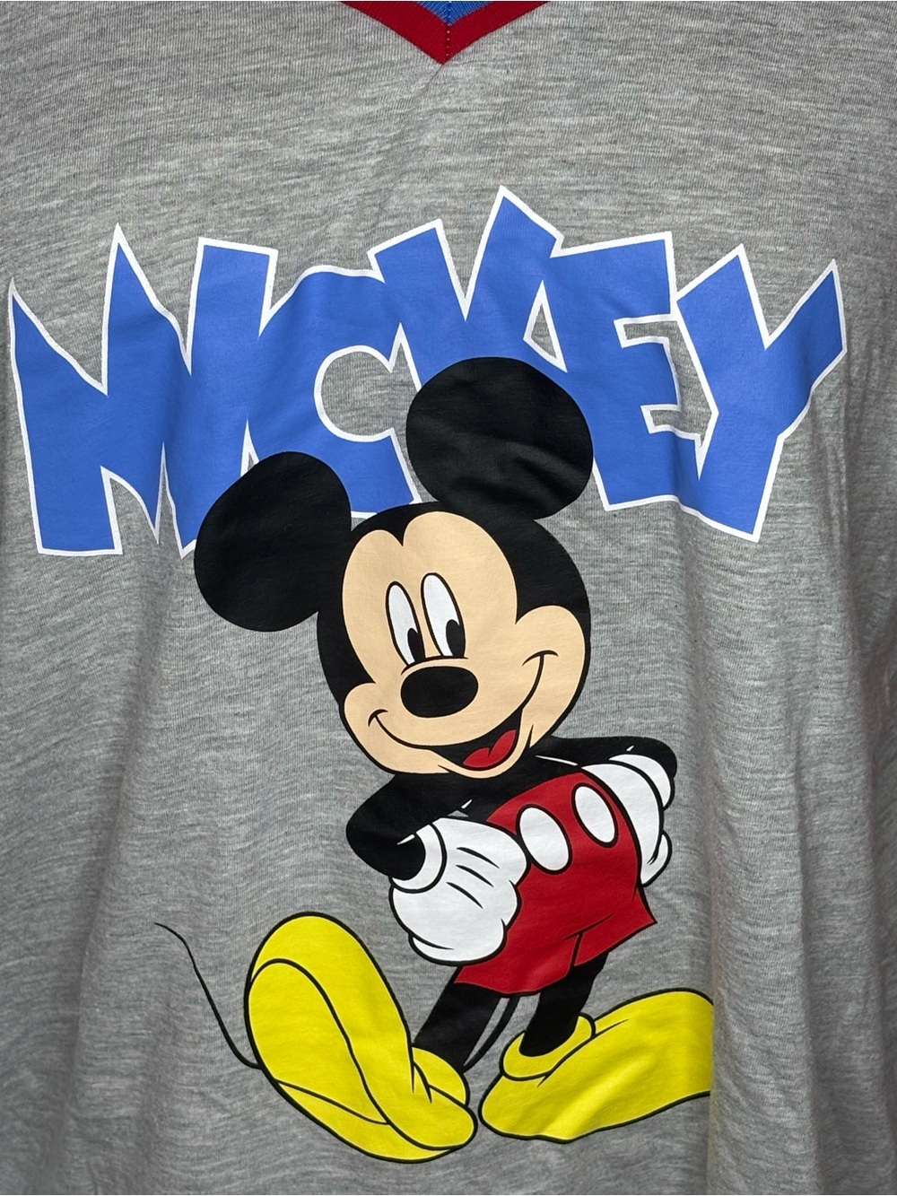 Disney Grey Mickey Mouse V-Neck Tee with Red, Blue & Yellow Accents - Picture 2 of 3